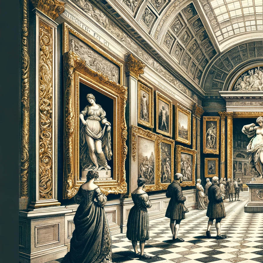 gauche Culture du beau, intérieur de musée, beauté classique, nombre d'or, aristocrates, statue, peinture