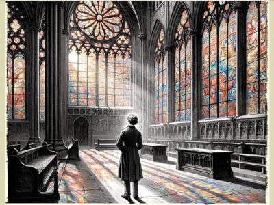 Jeune homme dans une cathédrale s'émerveillant devant des vitraux, culture du beau et beauté qui nous entoure, foi