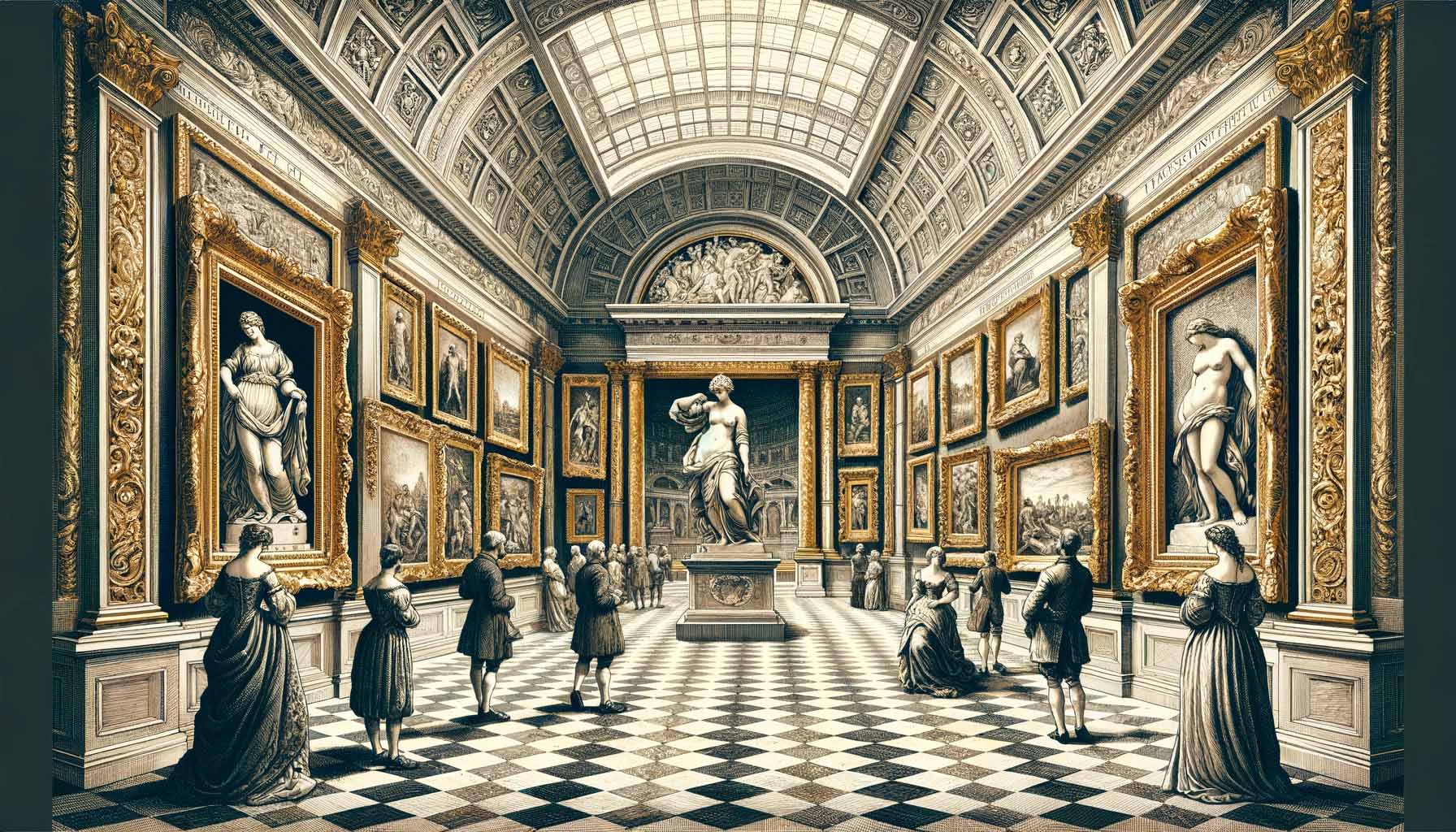Culture du beau, intérieur de musée, beauté classique, nombre d'or, aristocrates, statue, peinture